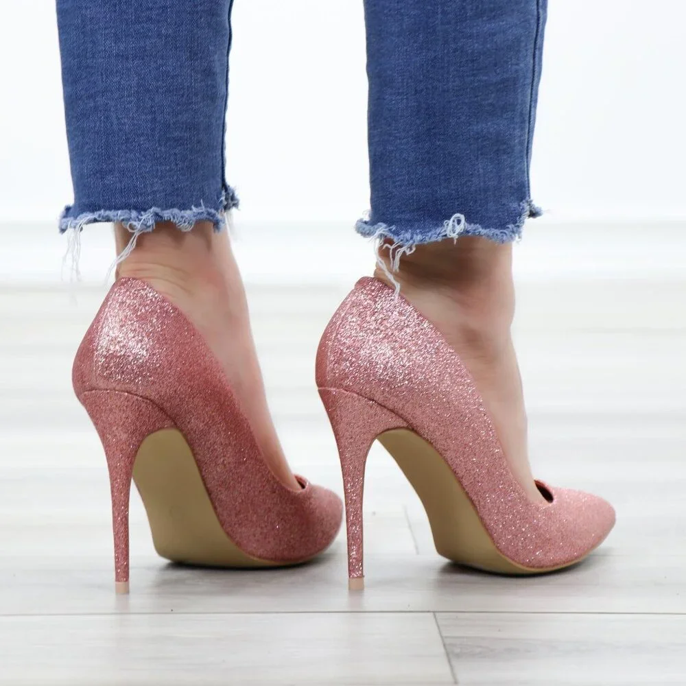 Pink Glitter Heels Pointed Toe Slip On Sparkly High Heel
